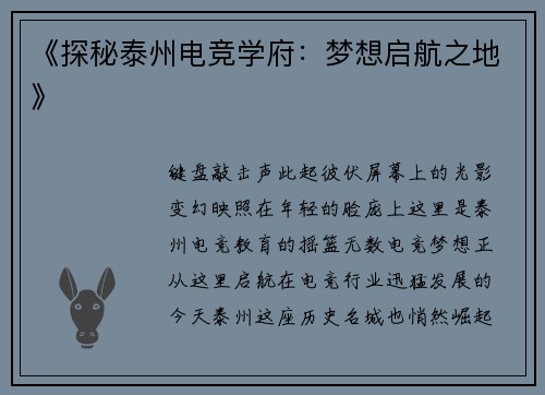 《探秘泰州电竞学府：梦想启航之地》